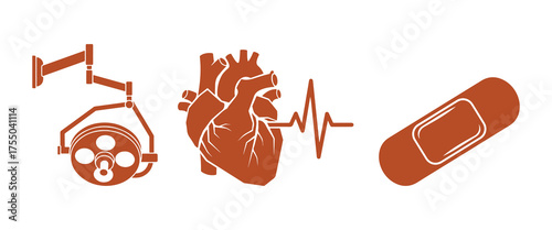 Medical Icons Surgical Lamp Heart with EKG and Bandage Brown Silhouettes healthcare surgery