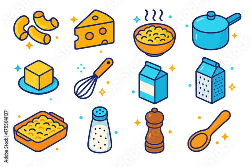 Colorful Mac & Cheese Icons. Homemade Mac & Cheese. Colorful isometric vector icons set of homemade mac & cheese: macaroni pasta, cheese wedge, steaming bowl,