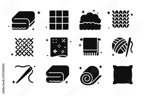 Textile Icon Collection. Textile & Fabric. Solid icons set of Textile & Fabric: blanket, quilt, fleece, knit, woven cloth, patterned fabric, throw, yarn,
