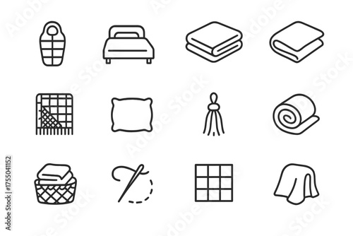 Sleeping Blanket Icons. Sleeping blankets. Line icon set of Sleeping blankets: sleeping bag, bedspread, folded blanket, fleece, knitted throw, pillow, tassel,