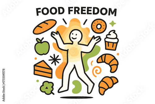 Vibrant Food Choice. Food Freedom. A glowing figure surrounded by floating fruits, breads, and desserts, abstract spark and swirl icons symbolizing choice.