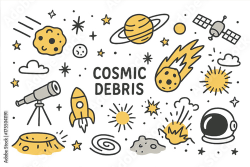 Cosmic Doodle Illustration. Cosmic Debris. Hand-drawn doodle illustration Meteorite, asteroid, comet, cosmic dust, stars, orbit line, telescope, planet, moon,