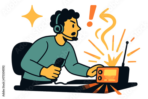 Urgent Signal Operator. Emergency contact. Glowing operator urgently sending signals from desk with flashing radio lights. Floating icons of sparkle, swirl,