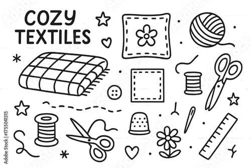Cozy Textile Icons. Cozy textiles. Hand-drawn doodle illustration cozy textiles blanket, pillow, yarn ball, fabric square, scissors, thread spool, button,