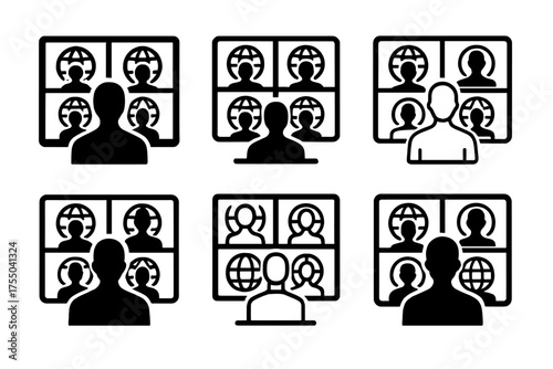 Global Video Conference. A professional conducting a video conference with international clients. Set Logo of A professional conducting a video conference with