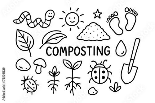 Composting Essentials Doodle. Composting. Hand-drawn doodle illustration composting earthworm, compost pile, soil, leaf, root, mushroom, water droplet, rock,