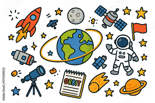 Space Adventure Doodles. Orbit. Colorful Hand-drawn doodle Children illustration Earth, moon, satellite, rocket, stars, telescope, astronaut, space module,