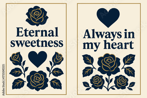 Eternal Sweetness Banners. Eternal sweetness. Two vertical A6 banners with safe margins, centered composition, no elements touching edges, bold, navy and gold,
