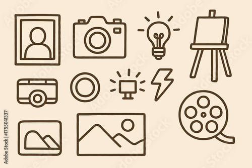Vintage Camera Icons. Sepia Style. Hand-drawn doodle illustration Sepia Style photo frame camera lens light bulb flash tripod film reel vintage portrait