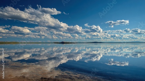 A serene landscape photograph showcasing a calm body of water with a near-perfect reflection of a partly cloudy sky. The shoreline is visible in the foreground, displaying subtle textural variations