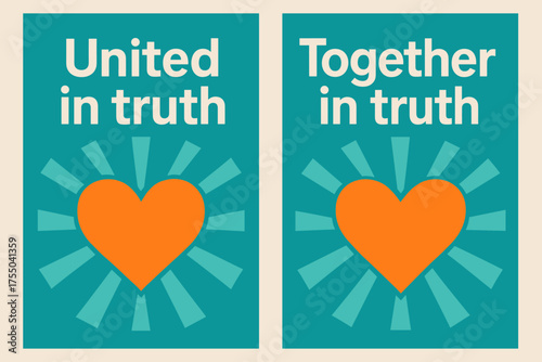 United Truth Banners. United in truth. Two vertical A6 banners with safe margins, centered composition, no elements touching edges, geometric, turquoise and