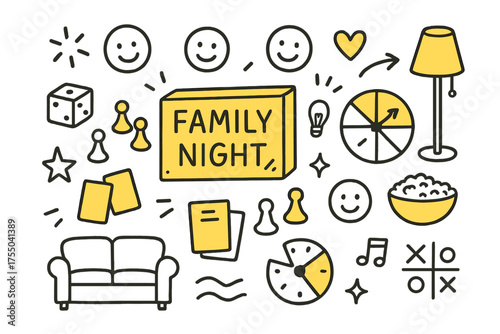 Family Game Night. Family Night. Hand-drawn doodle illustration board game box (colored), dice, spinner (colored), tokens, cards (colored), sofa,