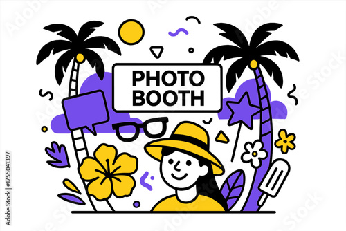 Tropical Geometric Photo Booth. Tropical Photo Booth. Palm trees with floating geometric props, tropical flowers, and summer-themed accents, playful