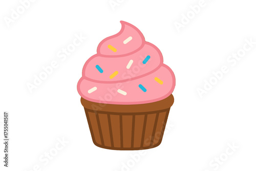 A delightful illustration of a classic cupcake featuring luscious pink swirled frosting and a scattering of colorful sprinkles, embodying the concept of a sweet dessert and a joyful indulgence
