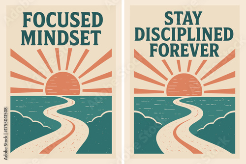 Focused Retro Sunrise. Mindset. Two vertical A6 banners with safe margins, centered composition, no elements touching edges, retro style, coral and teal,