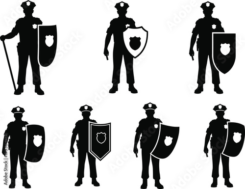 Silhouettes of police officers with shields and batons, law enforcement, security authority, public safety illustration concept
