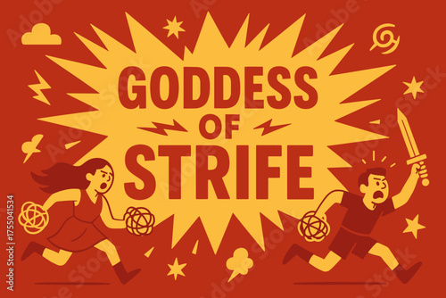 Goddess of Strife. Goddess of Strife banner, flat vector illustration, bold oversized text inside splash explosion, cartoon characters running and shouting,