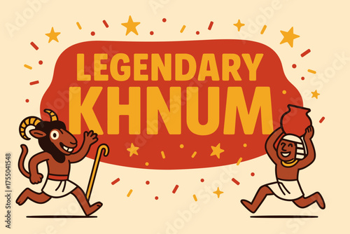 Legendary Khnum Celebration. Legendary Khnum banner, flat vector illustration, bold oversized text inside rounded blob, cartoon characters waving and running,