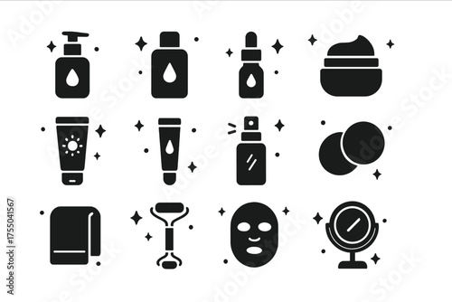 Face Care Icons. Face care set. Solid icons set of Face care set: cleanser, toner, serum, moisturizer, sunscreen, eye cream, spray mist, cotton pad, towel,