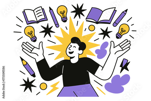 Creative Idea Burst. Idea Explosion. Person with hands raised as floating ideas, abstract stars, pens, and books burst around, whimsical creative chaos. Modern