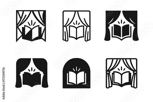 Creative Logo Variations. Book launches. Set Logo of Book launches: dramatic book cover reveal (curtain parting). harmonious logo variations of the same