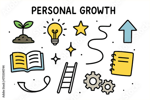 Symbols of Growth. Personal Growth. Hand-drawn doodle illustration plant sprout (colored), lightbulb (colored), book, arrow up (colored), sparkle, star,