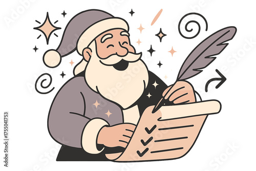 Santa's Starry List. Final check. Glowing Santa marking names with a feather quill, joyful expression as stars twinkle around. Floating icons of sparkle,