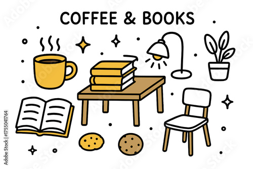 Cozy Reading Corner. Coffee & Books. Hand-drawn doodle illustration coffee cup (colored), open book (colored), table (colored), sparkle, star, lamp, cookie,
