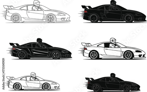 Silhouettes of racing sports cars with helmeted drivers, high speed motion, automotive competition, fast driving concept illustration