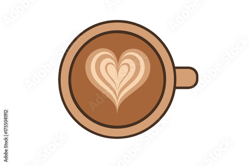 Top view of a steaming coffee cup with latte art heart design, symbolizing love for coffee and morning rituals