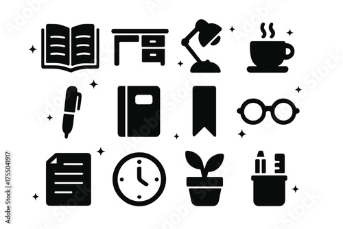 Literary Desk Icons. Literary desk. Solid icons set of Literary desk: open book, desk, lamp, coffee cup, pen, notebook, bookmark, glasses, paper sheet, clock,