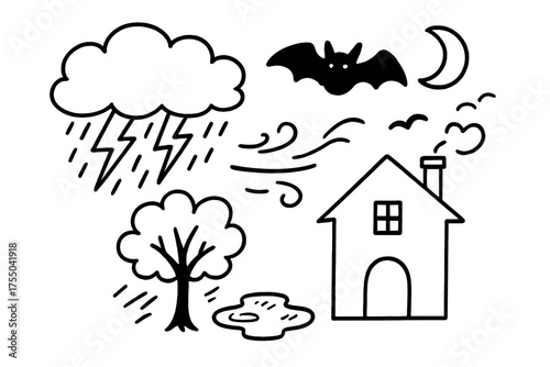 Stormy Night Doodle. Stormy Night. Hand-drawn doodle illustration Stormy Night cloud lightning rain tree puddle wind bat moon house. Simple cartoon-style black