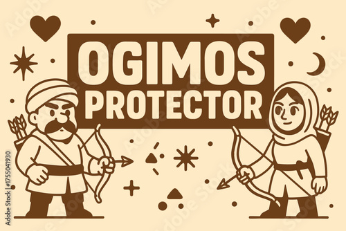 Ogimos Protector Banner. Ogimos Protector banner, flat vector illustration, bold oversized text inside rectangular frame, cartoon characters standing and