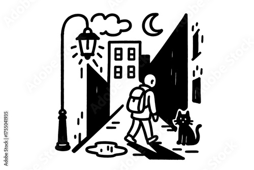 Urban Night Vibes. Urban Darkness. Hand-drawn doodle illustration Urban Darkness street lamp building shadow alley cat puddle cloud person backpack window.