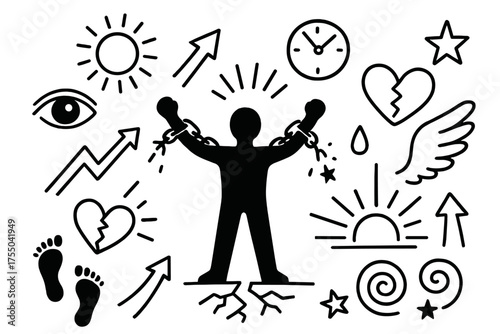 Breaking Free Symbols. Breaking free. Hand-drawn doodle illustration breaking free person silhouette, broken chains, arrow up, heart healing, tear turning to