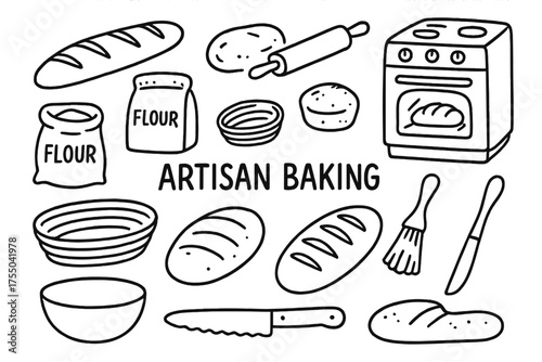 Artisan Baking Icons. Artisan Baking. Hand-drawn doodle illustration Artisan Baking baguette dough rolling pin oven flour yeast basket scoring brush bowl bread