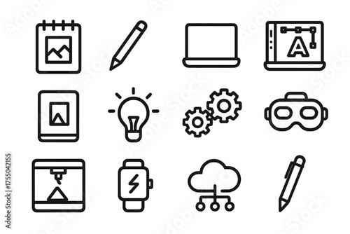 Creative Tech Icons Set. Creative technology. Line icon set of Creative technology: sketchpad, stylus, laptop, design software, tablet, light bulb, gears, VR
