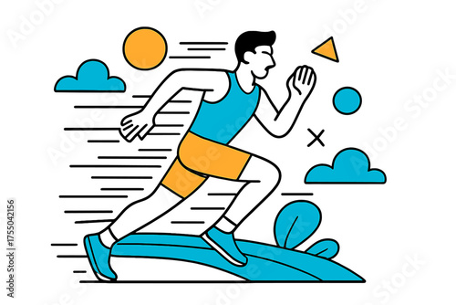 Energetic Athlete Sprinting. Growth mindset. Individual watering a small plant that sprouts into geometric shapes, floating icons of ideas, books, and stars