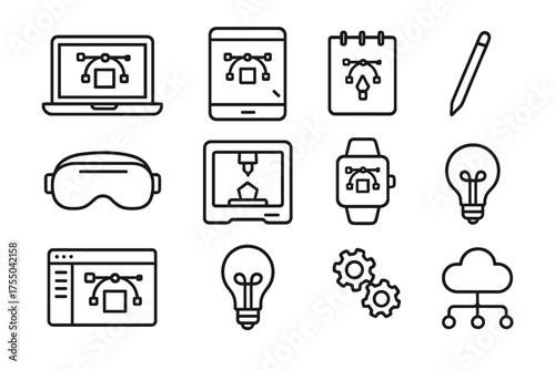 Tech Design Icons. Tech-driven design. Line icon set of Tech-driven design: laptop, tablet, sketchpad, stylus, VR headset, 3D printer, smartwatch, design