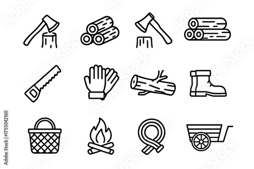 Woodcutting Essentials Icons. Chopping wood. Line icon set of Chopping wood: axe, log pile, hatchet, firewood stack, saw, gloves, fallen tree, boots, basket,