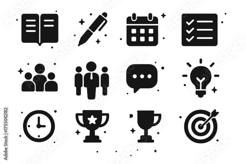 Collaborative Planning Icons. Collaborative planning. Solid icons set of Collaborative planning: notebook, pen, calendar, checklist, group of people, leader