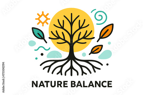 Harmony of Nature. Nature Balance. A glowing tree with roots and branches spreading wide, abstract spark and swirl icons symbolizing harmony of the