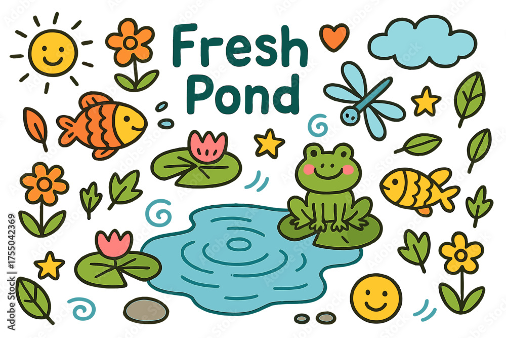 Naklejka premium Colorful Pond Doodle. Fresh Pond. Colorful Hand-drawn doodle Children illustration pond, fish, frog, lotus, dragonfly, water lily, ripple, flower, leaf, stone,