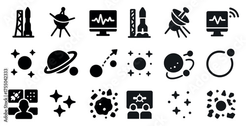Space exploration icons set – filled, solid, galactic and planetary symbols