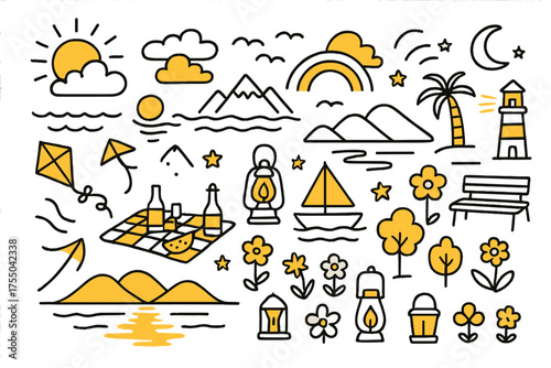 Whimsical Evening Serenade. Evening Glow. Hand-drawn doodle illustration Sun, clouds, horizon, mountains, waves, trees, birds, rainbow, reflection, moon,