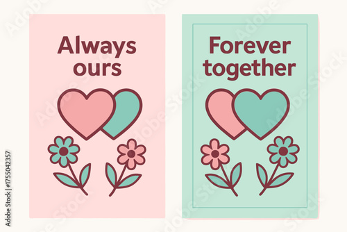 Intertwined Hearts Banners. Always ours. Two vertical A6 banners with safe margins, centered composition, no elements touching edges, flat vector design,