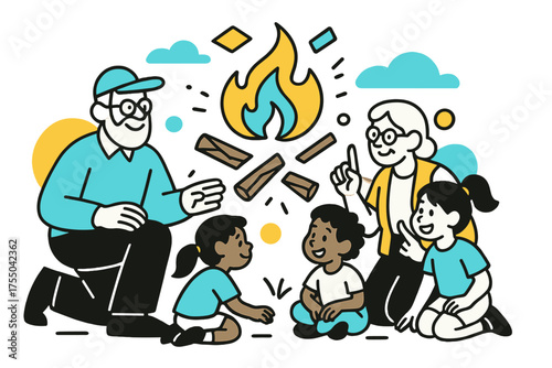 Campfire Safety Class. Campfire Lessons. Seniors teaching children how to build a fire safely, floating abstract flames and wood pieces, playful outdoor