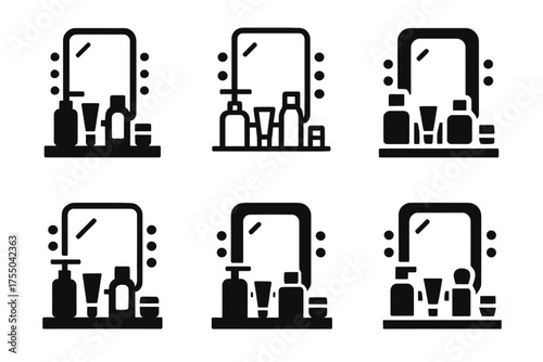 Cosmetic Logo Variations. Arranging cosmetics and skincare in a vanity. Set Logo of Arranging cosmetics and skincare in a vanity: LED vanity mirror. harmonious