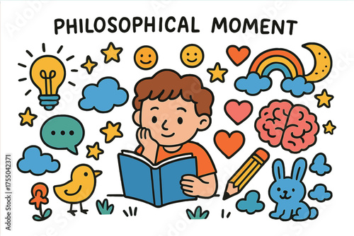 Imaginative Learning Journey. Philosophical Moment. Colorful Hand-drawn doodle Children illustration child reading, thinking, notebook, pencil, light bulb,