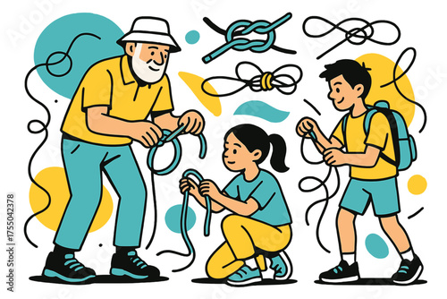 Knot Tying Tutorial. Knot Tying. Elder demonstrating rope knots to young learners, floating abstract rope loops and lines, outdoor adventure mood. Modern